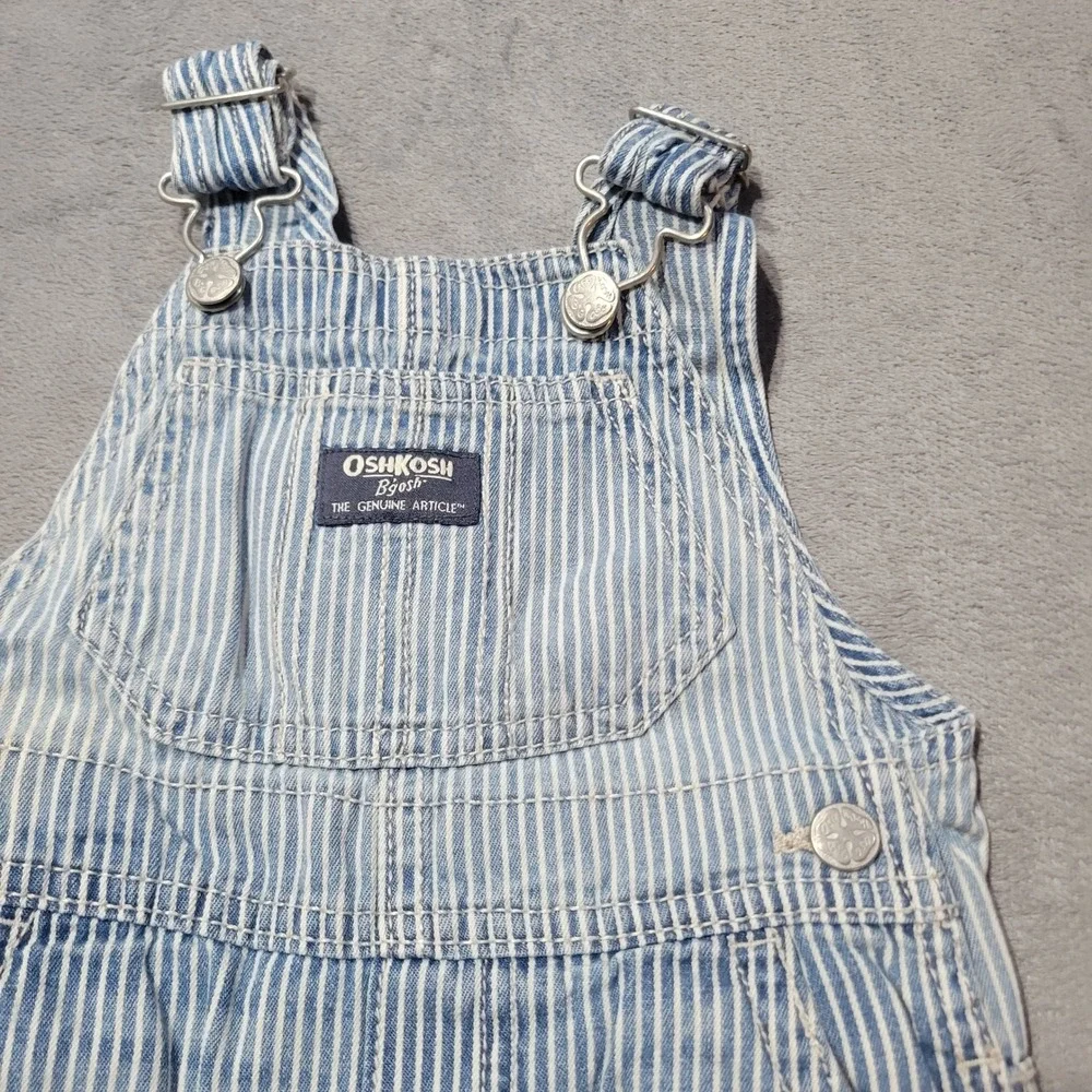 OshKosh B'gosh Overalls Baby 12M Blue Hickory Railroad‎ Stripe Denim Shortalls